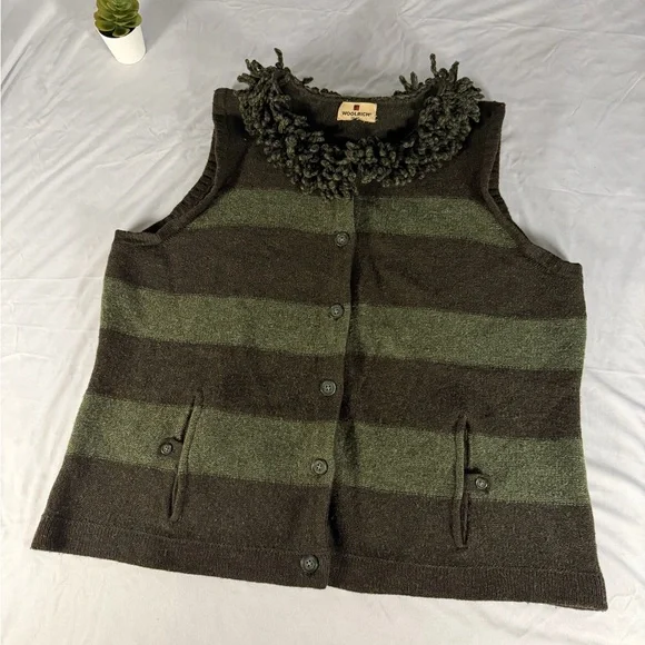 Woolrich 100% Lambs Wool Green Stripe Fringe Collar Button Up Vest - XXL - Picture 1 of 8